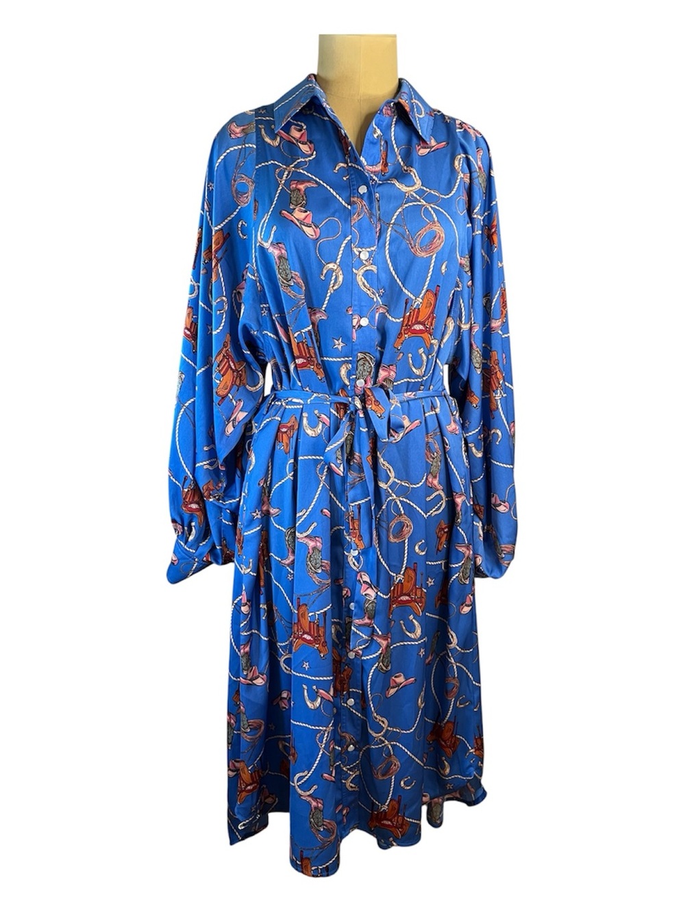 Easel New Sample Western Blue Belted pearlized snap Midi Shirt Dress